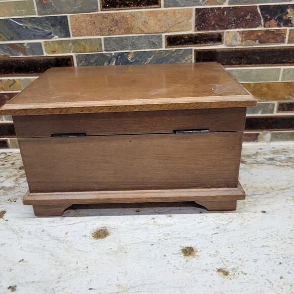 Vintage Wood Jewelry Chest, Smaller Red Fabric Inside, Mirror - Picture 3 of 7